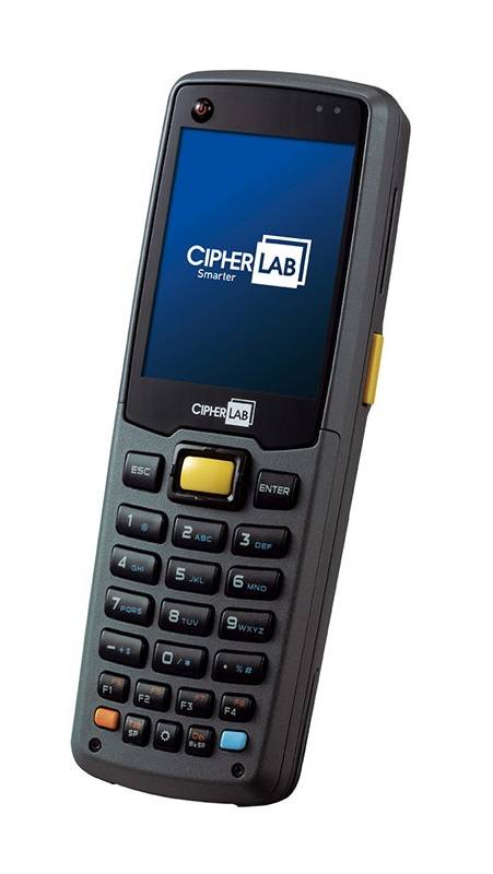 Tragbares CipherLab-Barcode-Scanner-Terminal mit Tastatur und kleinem Bildschirm, auf dem das CipherLab-Logo angezeigt wird.