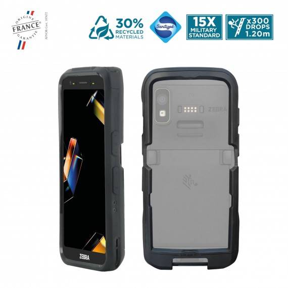 Werbebild einer robusten Zebra-Smartphone-Schutzhülle, gezeigt von vorne und hinten, mit Abzeichen für Frankreich, 30% recycelte Materialien, Sanitized, 15x Militärstandard und 300 Stürze aus 1,2m.
