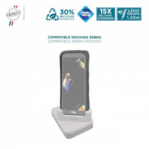 Werbebild einer Zebra-kompatiblen Dockingstation, die ein smartphone-ähnliches Gerät hält, mit Abzeichen für „30% recycelte Materialien", „15x Militärstandard"" und „x300 Stürze 1,20m"".