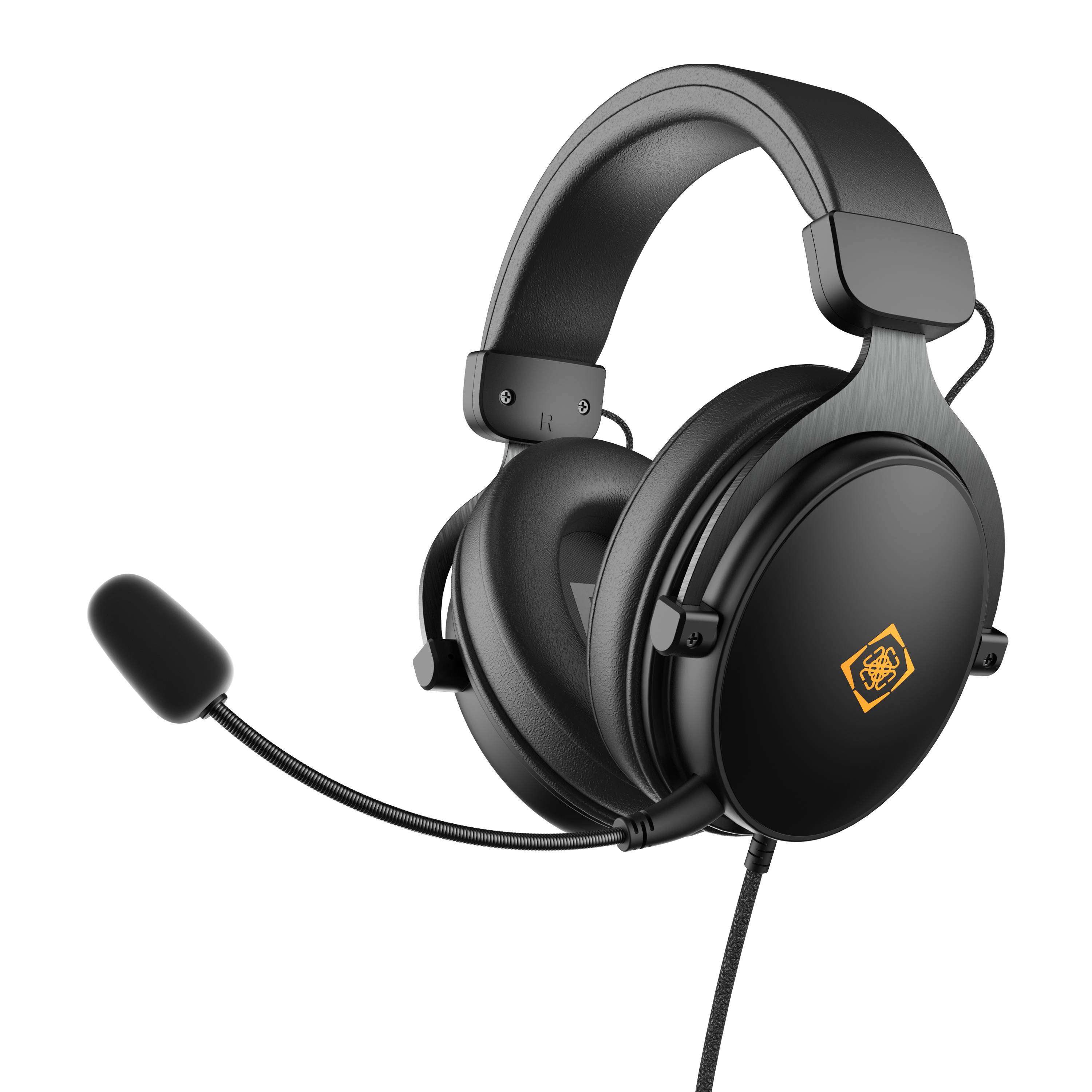 Schwarzes Over-Ear-Gaming-Headset mit Boom-Mikrofon und orangem Logo, gezeigt auf weißem Hintergrund.
