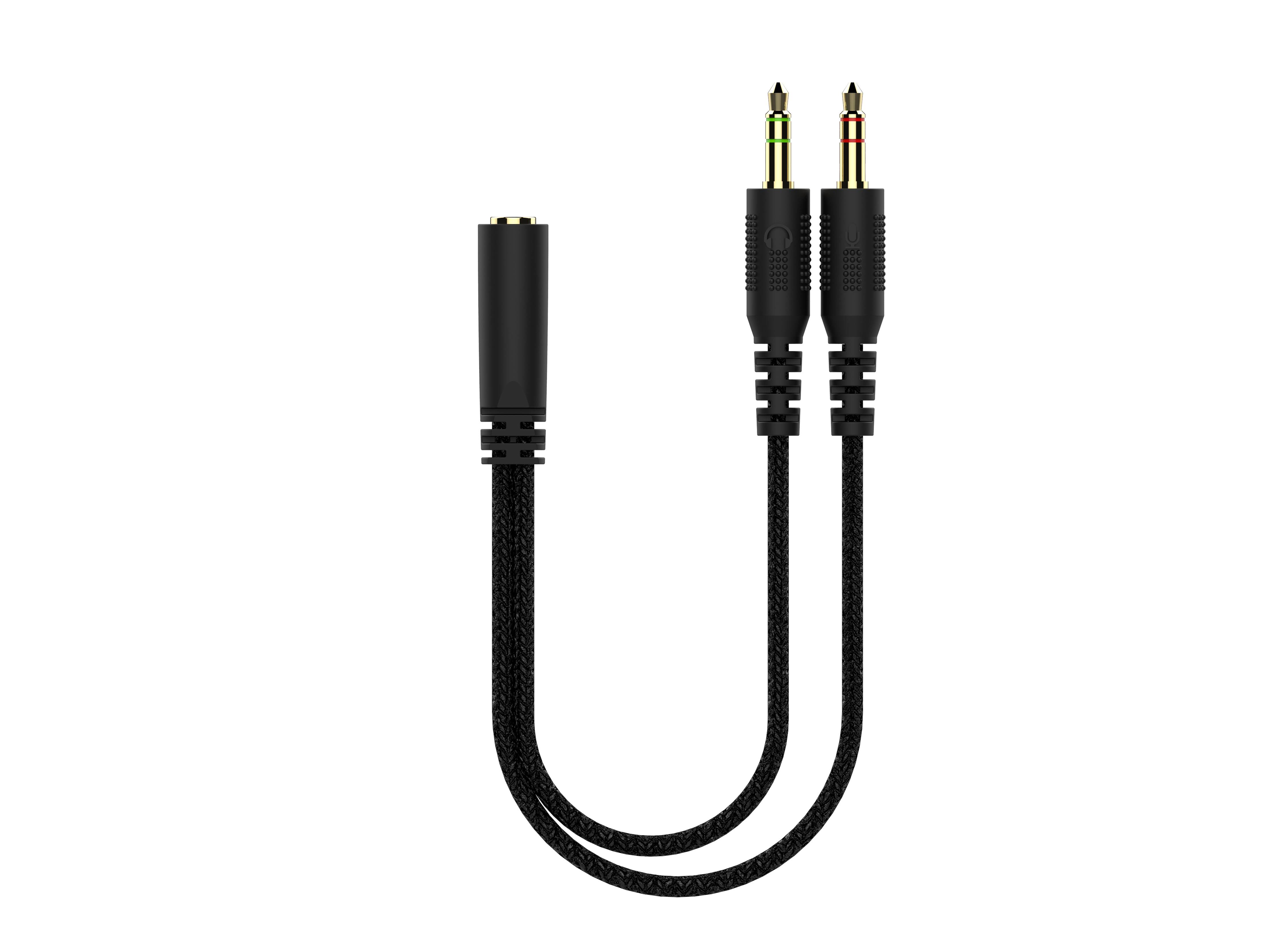 Schwarzes Audioadapterkabel mit einem weiblichen Anschluss und zwei männlichen 3,5-mm-Steckern für die Stereo-Kopfhörer-/Mikrofonverbindung.