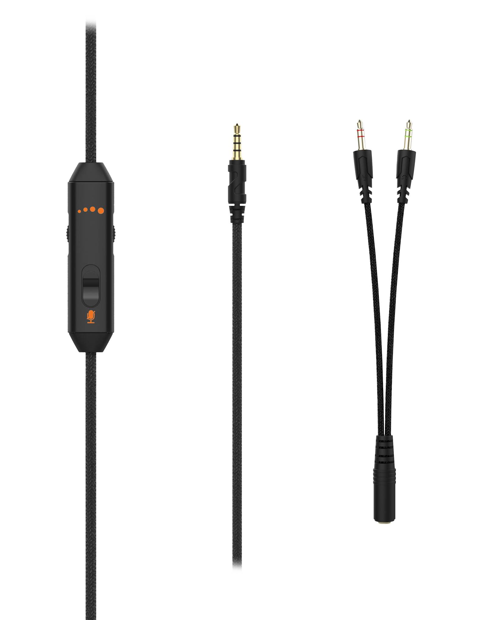 Drei Audiokabel auf weißem Hintergrund, einschließlich einer Inline-Steuerung und einer 3,5-mm-Buchse mit zwei beidseitig anschließbaren Adaptern.