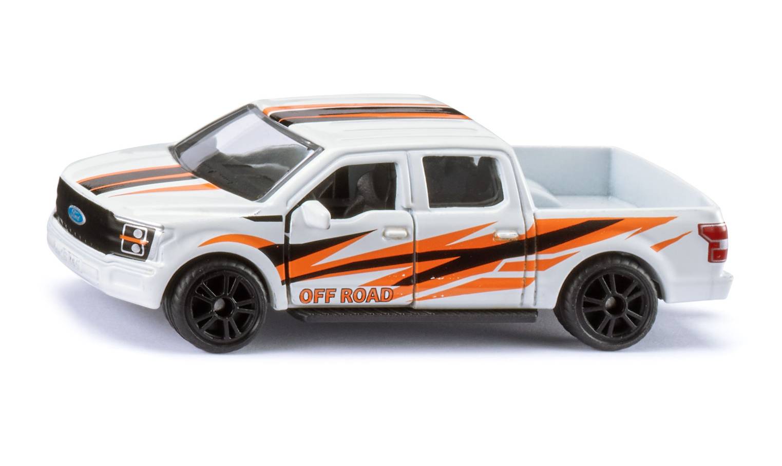 Weißer Spielzeug-Pickup-Truck mit orangefarbenen und schwarzen 