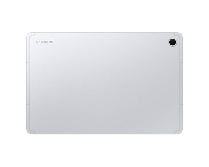 Rückseite eines silbernen Samsung-Tablets mit einer einzelnen Rückkamera in der oberen rechten Ecke.