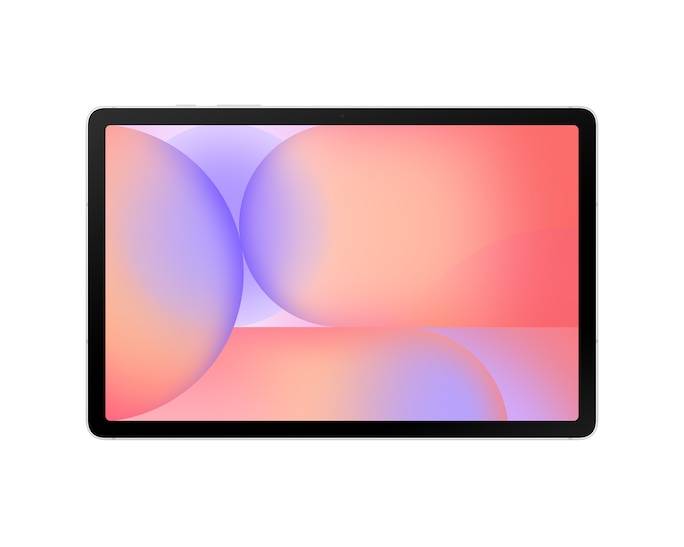 Ein Tablet mit einer abstrakten Farbverlauf-Hintergrund in Rosa, Lila und Orange mit überlappenden Kreisen und weichen Formen.