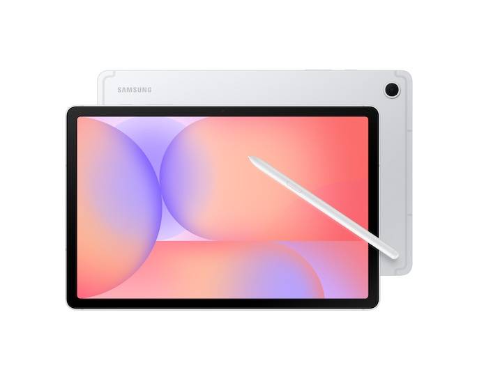 Samsung-Tablet von vorne und hinten mit weißem Stift gezeigt, zeigt einen farbenfrohen abstrakten Bildschirm.
