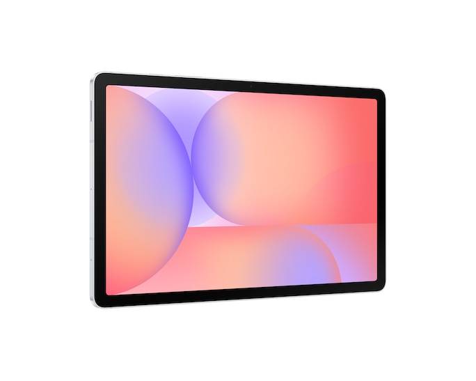 Ein schwarzes Tablet mit einem farbenfrohen abstrakten rosa, orange und violetten Farbverlauf auf dem Bildschirm, das in einem Winkel auf weißem Hintergrund dargestellt ist.