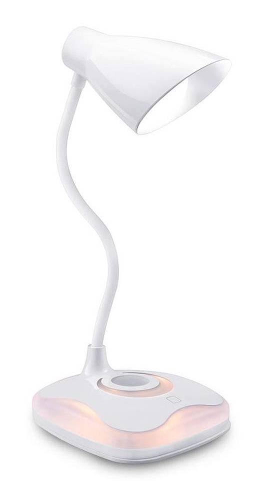 Weiße verstellbare Schreibtischlampe mit gebogenem Hals und rundem Sockel, beleuchtet vor einem einfachen Hintergrund gezeigt.