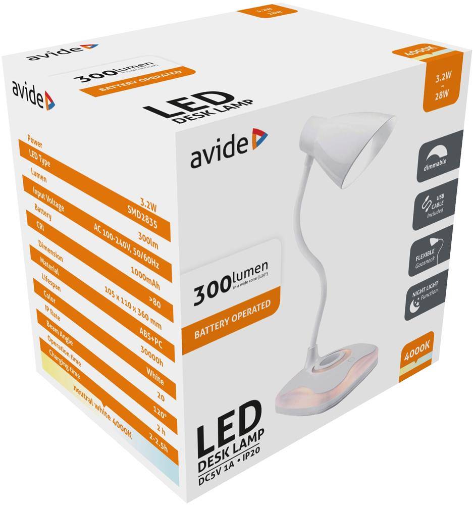 Produktbox für eine "avide"" LED-Schreibtischleuchte mit 300 Lumen, Batteriebetrieb, 3,2W, 4000K und Touch-Kontrolle.