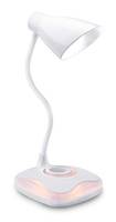 Weiße verstellbare Schreibtischlampe mit gebogenem Hals und leuchtender Basis auf einfachem Hintergrund.