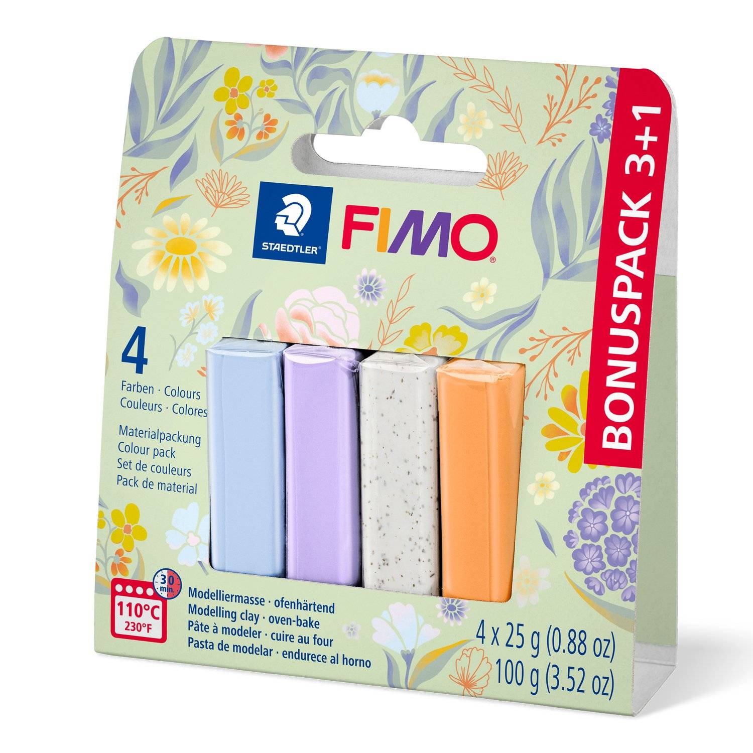Packung Staedtler FIMO Modelliermasse, Bonus-Pack 3+1, vier Farben: Blau, Violett, Weiß gespenkelt und Orange.