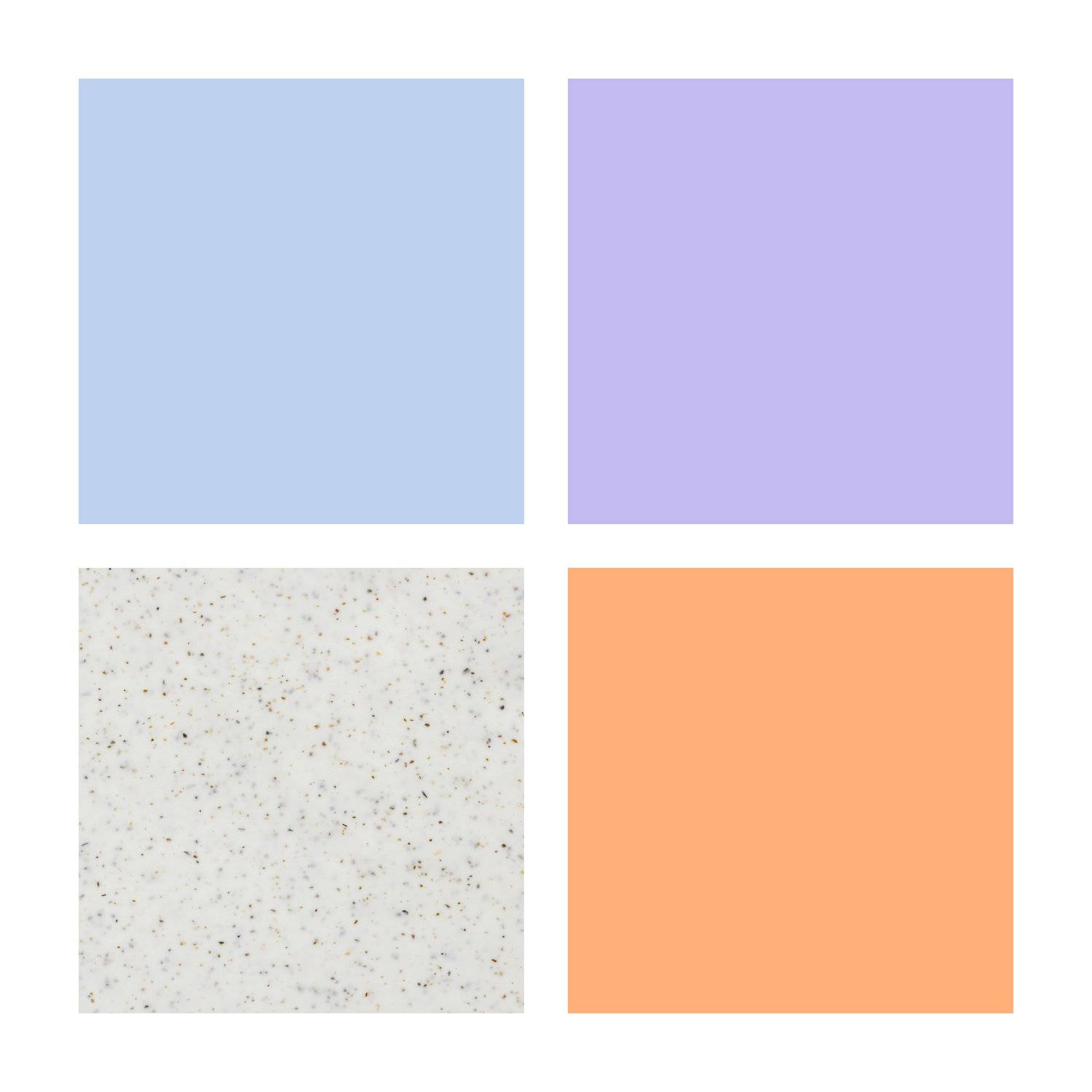 Vier gleich große Farbmuster in einem 2x2-Raster: Hellblau, Lavendel, gesprenkeltes Creme und Pfirsich.
