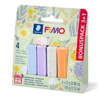 FIMO Modelliermasse Bonus-Pack mit vier Pastellblöcken; Packung gekennzeichnet mit „BONUSPACK 3+1