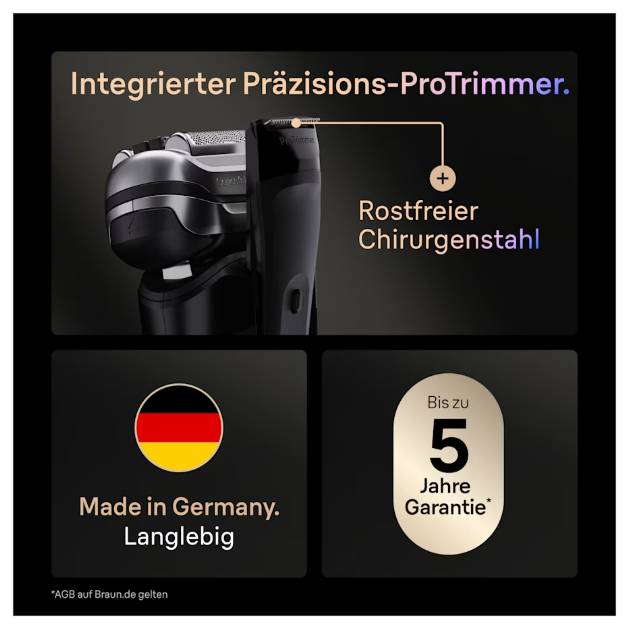 Braun Series 9 Pro+ 9660CCPS, Folienschaber, Schwarz, Silber, Edelstahl, Tasten, LED, Wechselstrom/Batterie