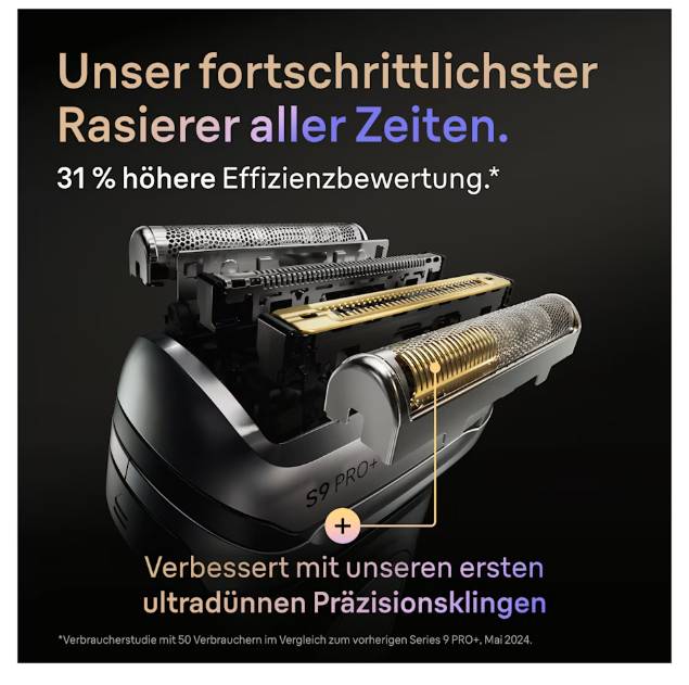 Werbebild eines Elektrorasierers mit freigelegten Innenteilen und drei Scherköpfen, mit den Beschriftungen "Unser fortschrittlichster Rasierer aller Zeiten"" und ""31% höhere Effizienzbewertung."