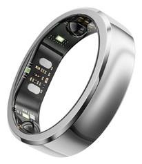 Silberner Smart Ring mit schwarzem Innenband, schräg gegen weißen Hintergrund gezeigt.