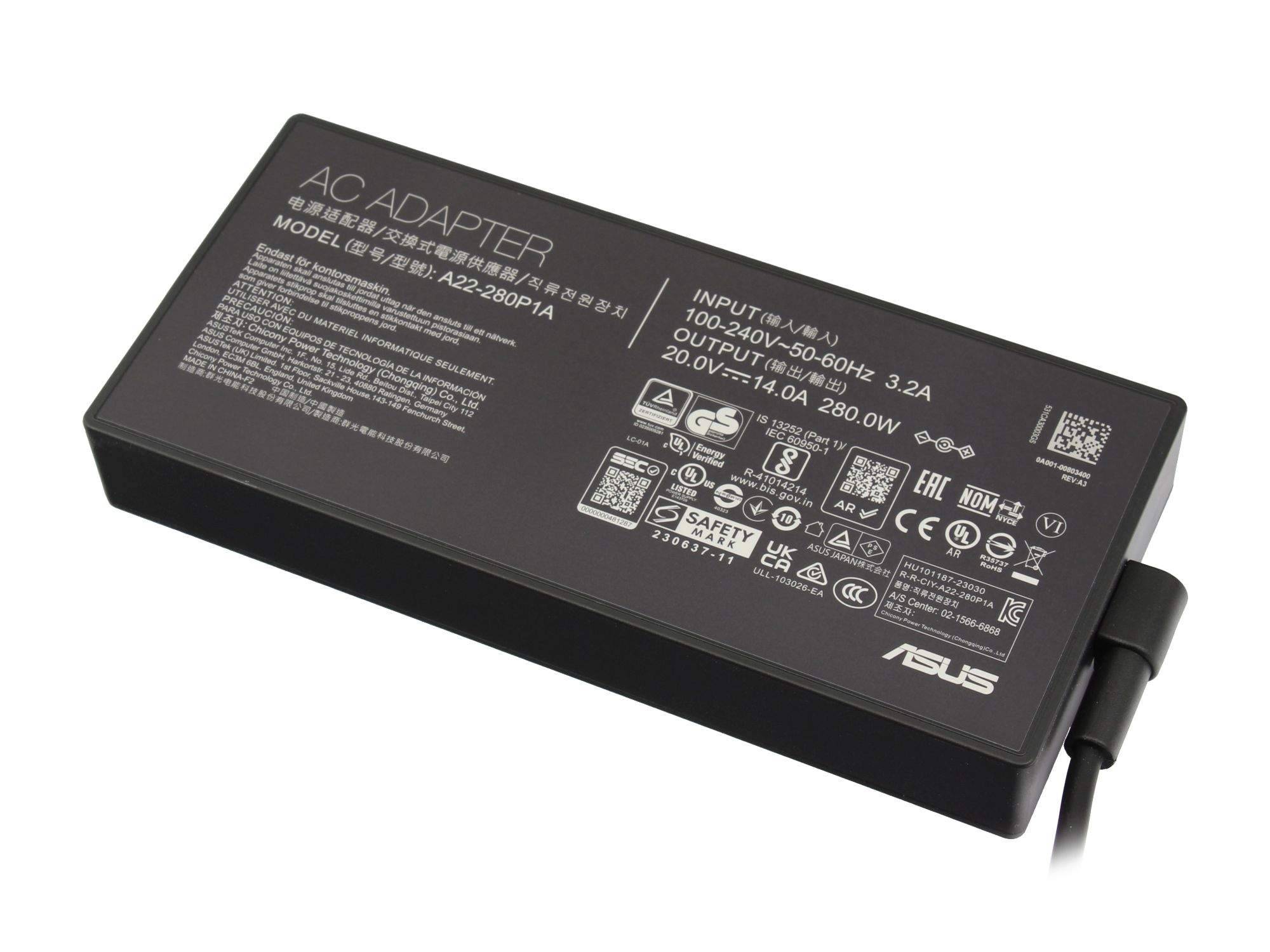 Schwarzes ASUS-AC-Netzteil mit angeschlossenem Kabel, gekennzeichnet mit Eingang 100-240V und Ausgang 20,0V 14,0A, 280W.