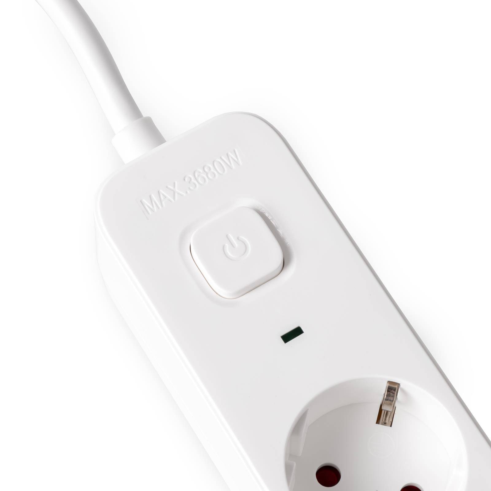 Weiße Steckerleiste mit Kabel, Ein-/Ausschalter, kleine Kontrollleuchte und eine runde Steckdose.