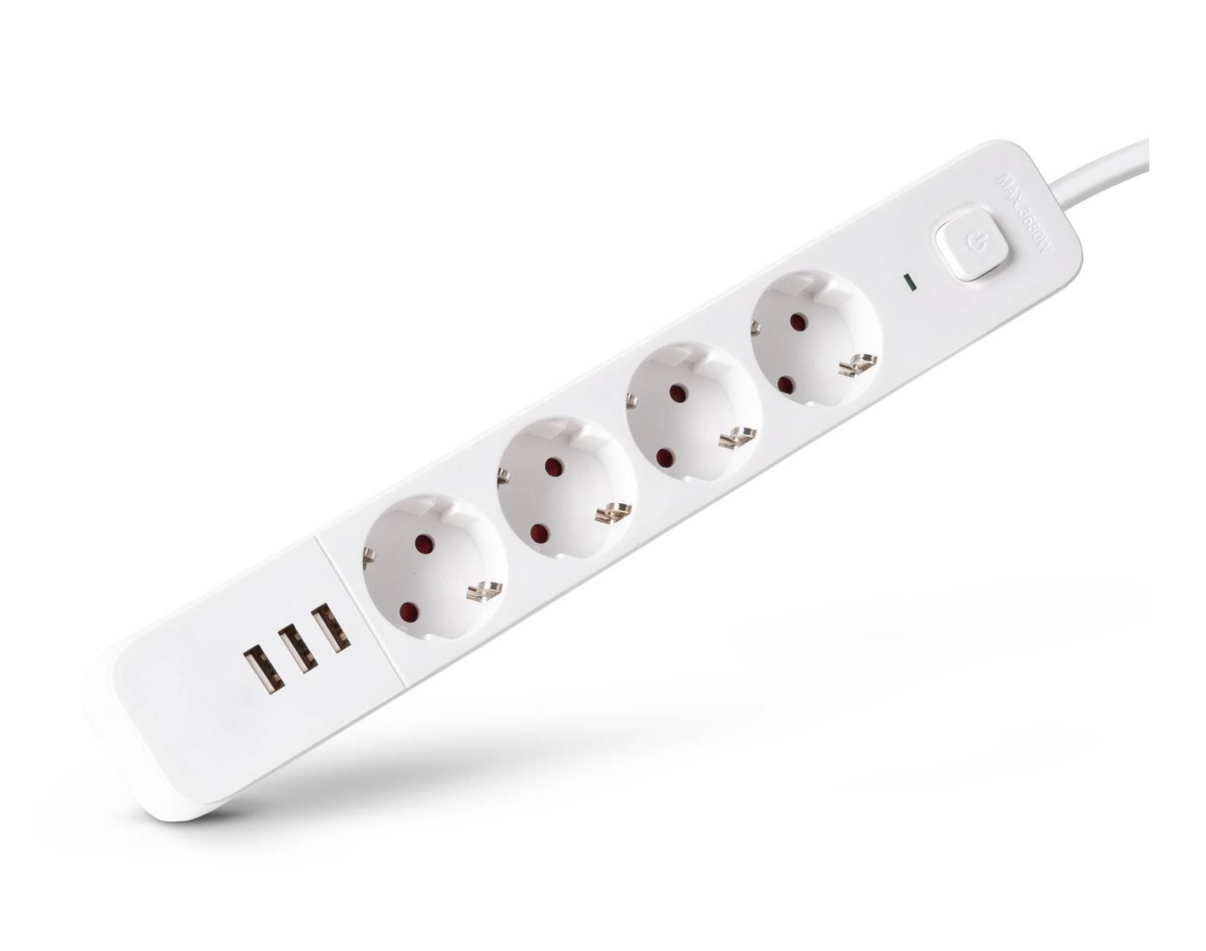 Weiße Steckerleiste mit vier runden Steckdosen, drei USB-Anschlüssen und einem Ein-/Ausschalter auf weißem Hintergrund.