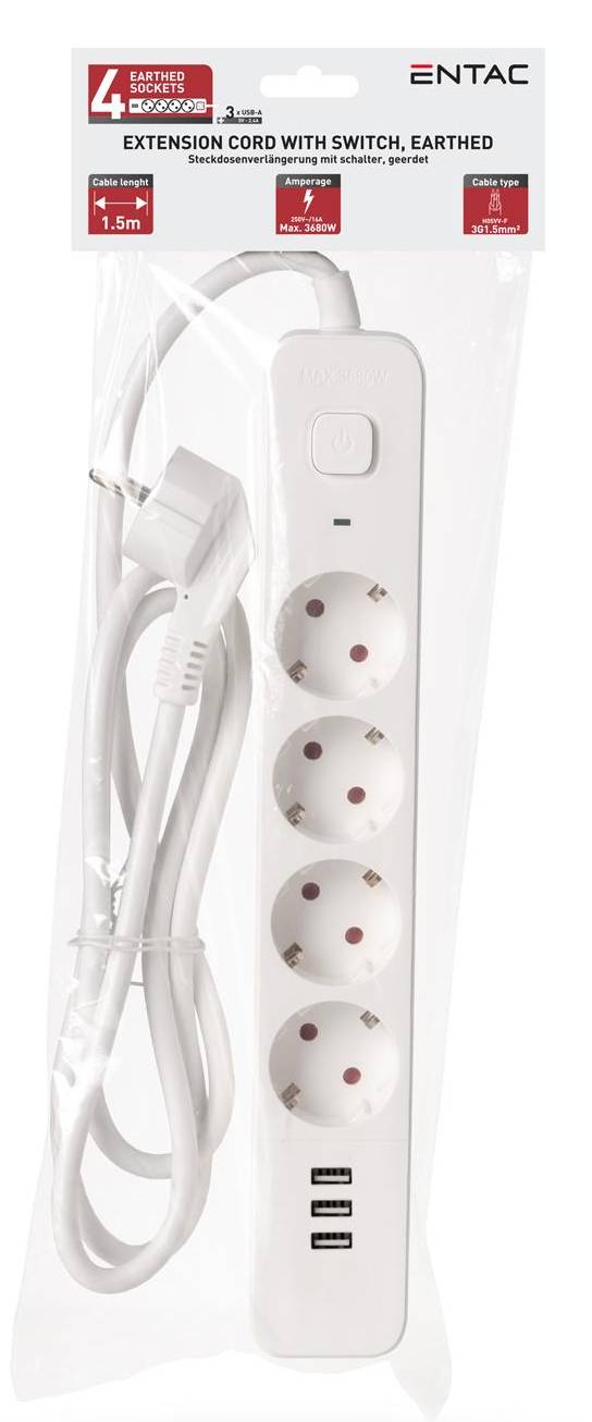 Weiße 4-fach Steckdosenleiste mit Schalter, Erdung und 3 USB-Anschlüssen, abgebildet mit angeschlossenem Stecker und Kabel; ENTAC-Verpackungsbild.