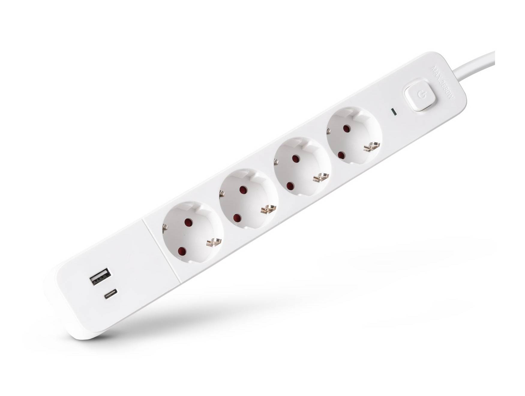 Weiße Steckdosenleiste mit vier Steckdosen, zwei USB-Anschlüssen und einem Ein-/Ausschalter auf weißem Hintergrund.