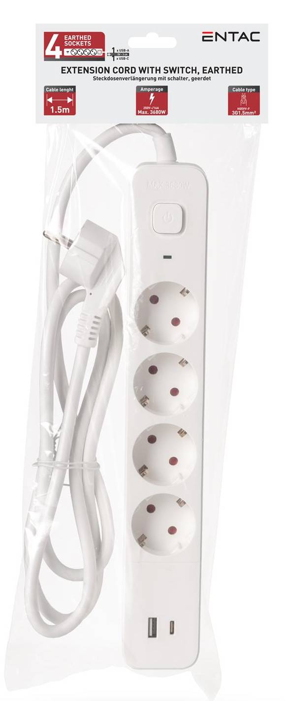 ENTAC Verlängerungskabel mit Schalter, geerdet, weiße Steckdosenleiste mit vier Steckdosen, zwei USB-Anschlüssen und angebrachtem Stecker sowie Kabel, auf der Produktverpackung.