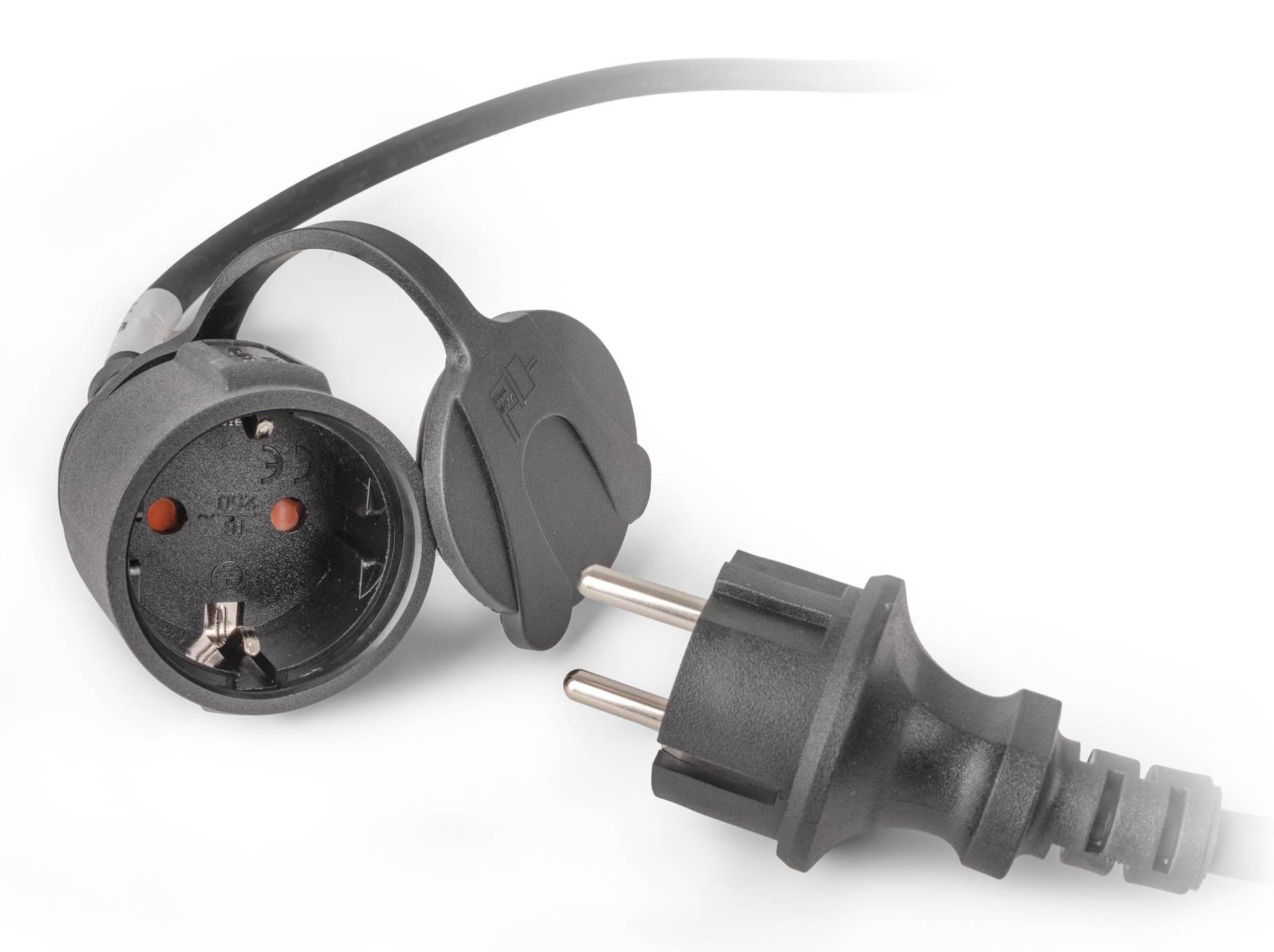 Schwarzes Elektroverlängerungskabel mit Stecker und passendem Sockel/Abdeckung, isoliert auf weißem Hintergrund.