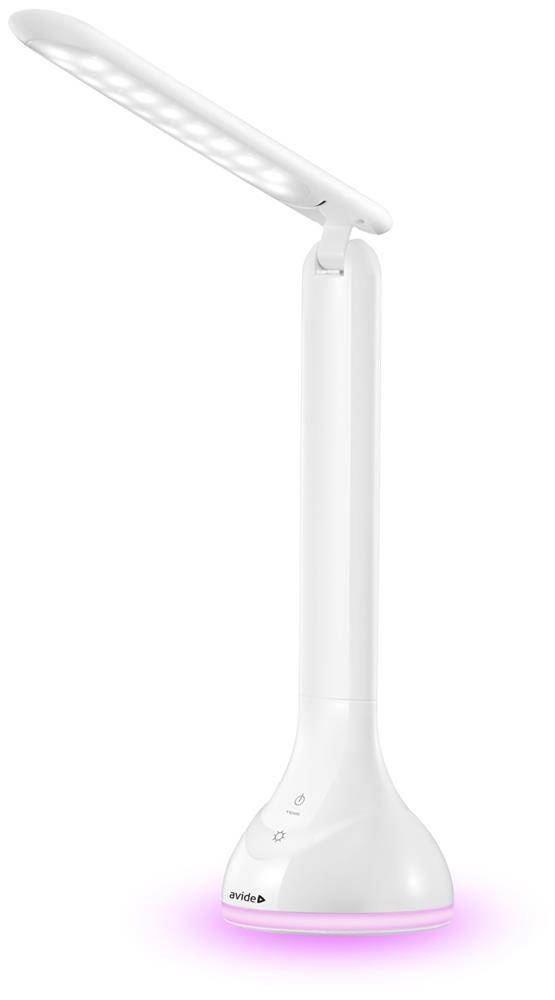 Weiße verstellbare LED-Schreibtischleuchte mit leuchtender Basis auf neutralem Hintergrund.