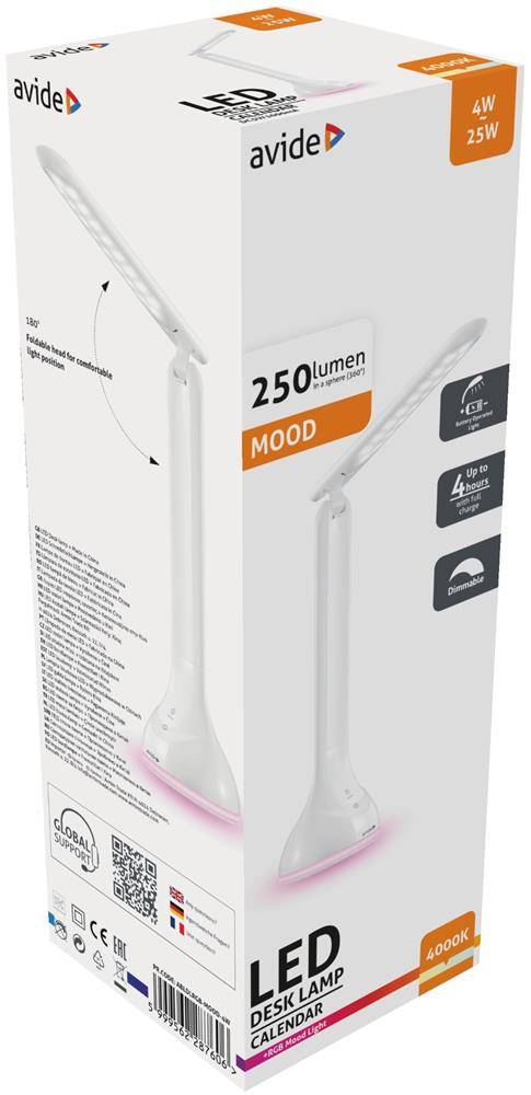 Produktbox für eine Avide LED-Schreibtischlampe mit der Bezeichnung "MOOD"", 250 Lumen, 4W/25W, 4000K, mit einer weißen verstellbaren Lampe.