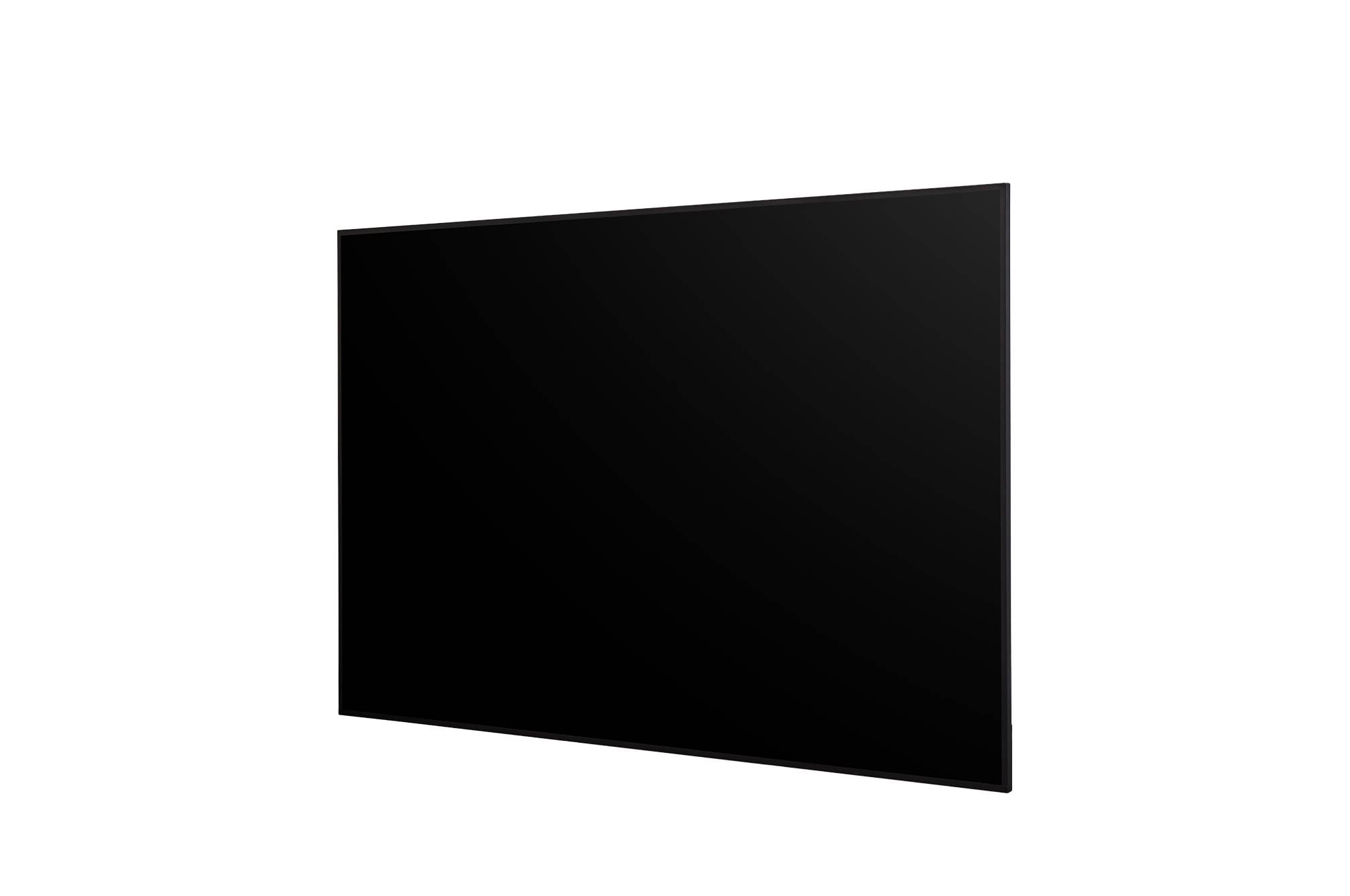 Ein leerer schwarzer Flachbildfernseher oder Monitor, der unter einem Winkel auf weißem Hintergrund betrachtet wird.