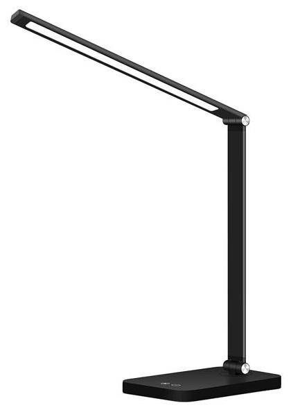 Schwarze verstellbare LED-Schreibtischleuchte mit schlankem rechteckigem Lichtbalken und rechteckiger Basis auf weißem Hintergrund.