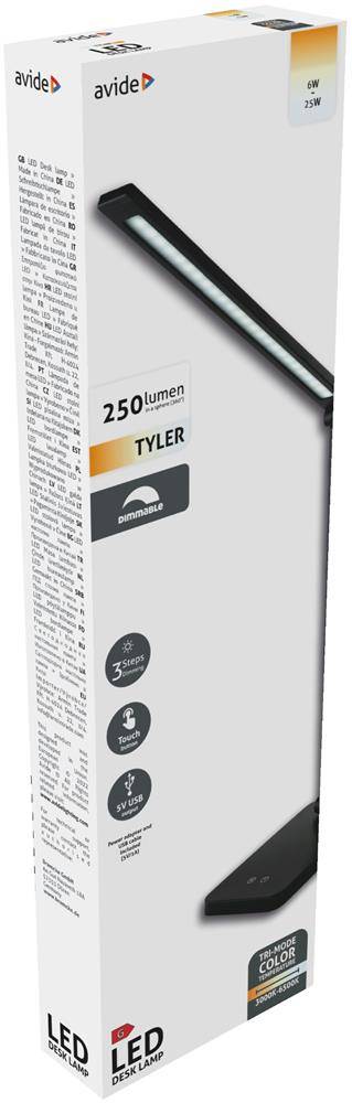 Weiße Avide LED-Lichtpanel-Box mit der Bezeichnung „Tylor", 250 Lumen, zeigt ein schlankes schwarzes rechteckiges Gerät und LED-Branding.