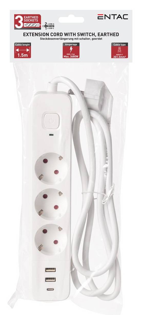 ENTAC 3-fach Steckdosenleiste mit Schalter, Erdungspin und USB-Anschlüssen, verpackt in Weiß mit aufgerolltem Kabel dargestellt.