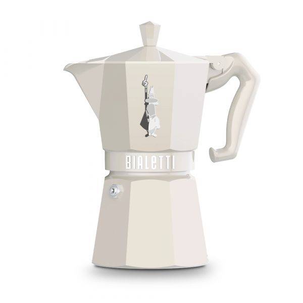 Ein beigefarbener Bialetti-Espressokocher für den Herd mit Griff, Ausguss und Deckel auf weißem Hintergrund.