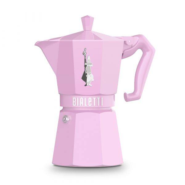 Rosa Bialetti-Espressokanne für den Herd mit Griff und Deckel auf weißem Hintergrund.