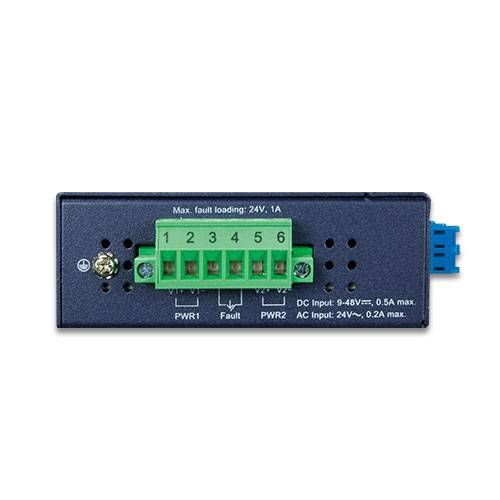 Nahaufnahme eines kleinen elektronischen Endgerätemoduls mit nummerierten grünen Schraubklemmen, gekennzeichneten Stromversorgungs- und Fehlerverbindungen sowie einem blauen Seitenport.