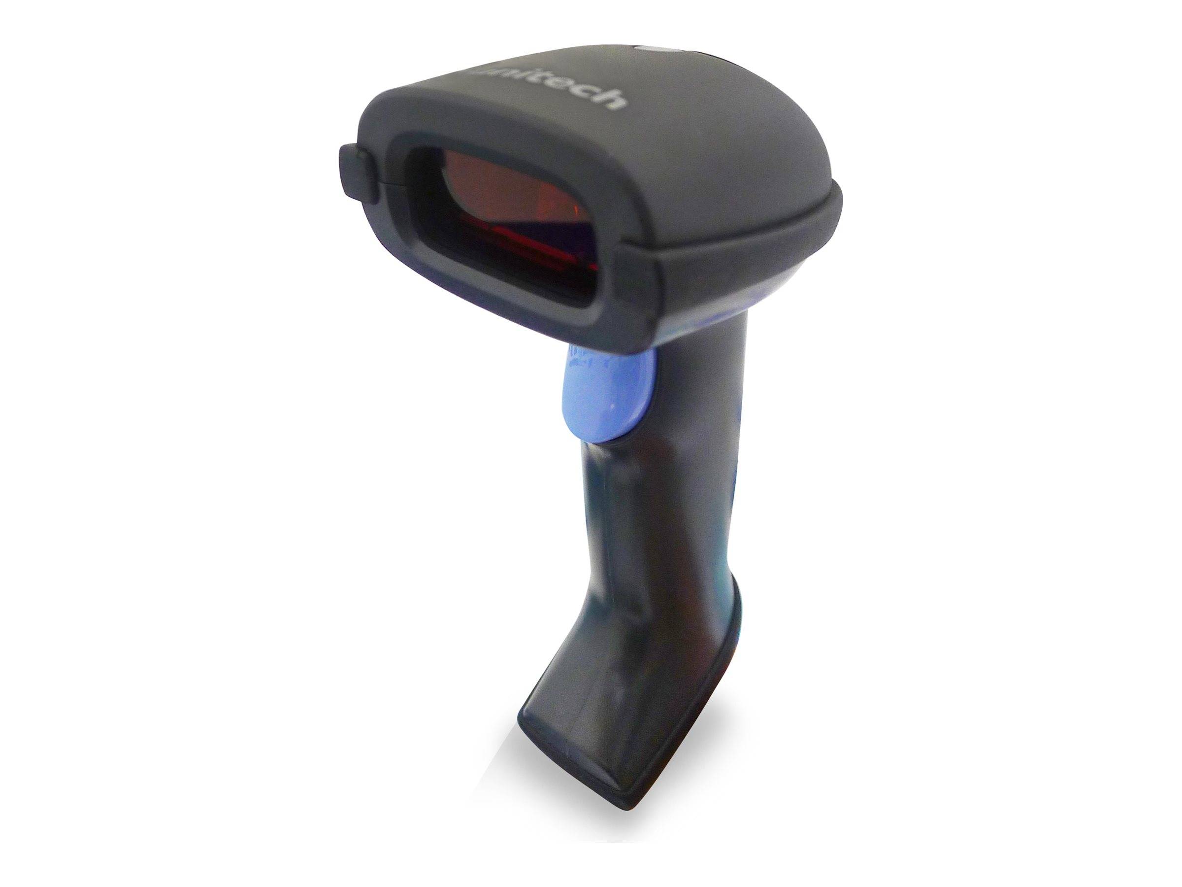 Tragbarer Barcode-Scanner mit schwarzem Gehäuse und rotem Scannerfenster auf weißem Hintergrund.