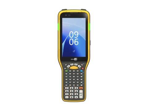 Ein robustes gelbes tragbares Mobilgerät mit Touchscreen-Display und physikalischer Tastatur, frontal auf einfachem Hintergrund dargestellt.