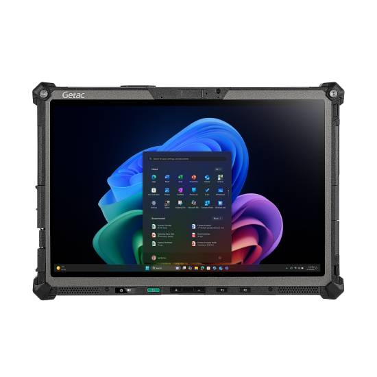 Robustes Getac-Tablet mit Windows 11-Desktop und geöffnetem Startmenü auf einer farbenfrohen abstrakten Tapete.