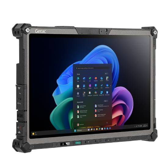 Robustes Getac-Tablet-Computer mit Windows 11-Desktop und Startmenü auf dem Bildschirm.