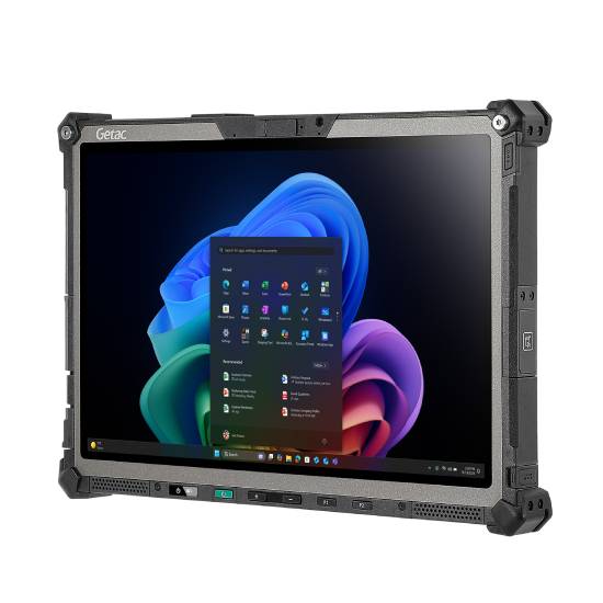 Robustes Getac-Touchscreen-Tablet mit angezeigtem Windows 11-Desktop und Startmenü auf weißem Hintergrund.