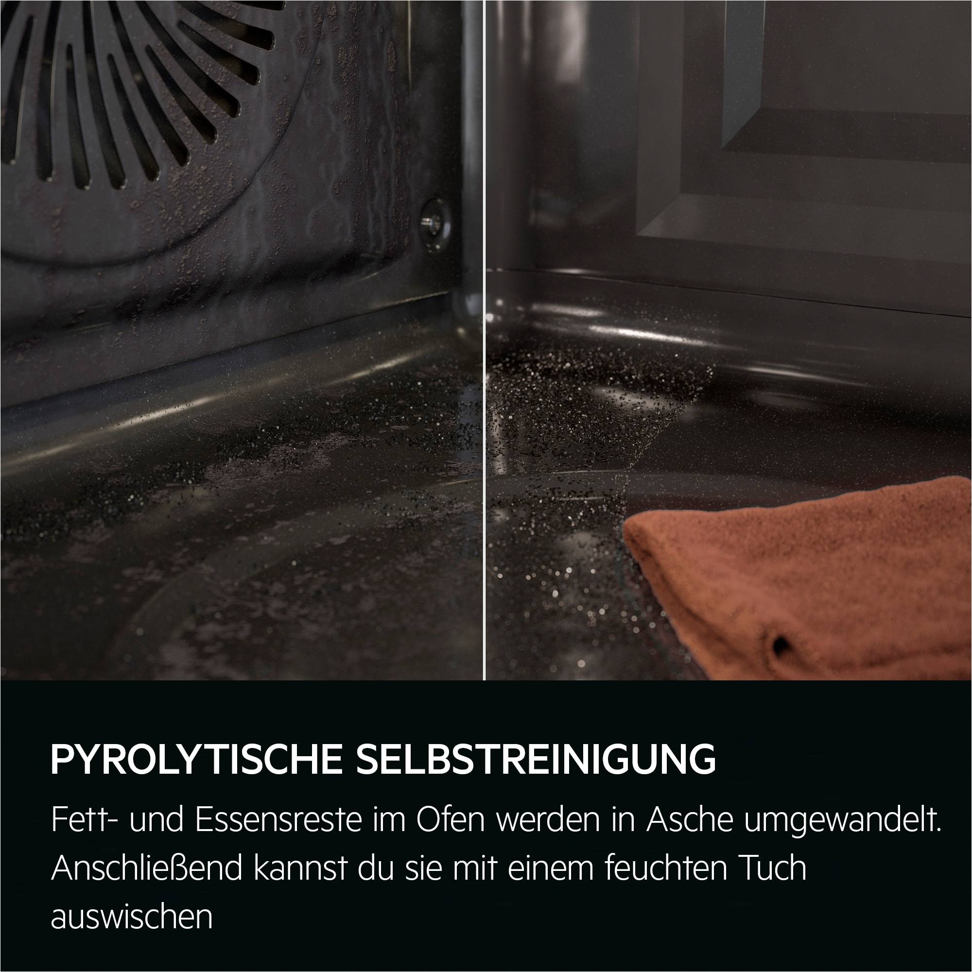 Geteiltes Bild, das einen Ofen vor und nach der pyrolytischen Selbstreinigung zeigt; Fett und Speisereste werden zu Asche umgewandelt und mit einem feuchten Tuch abgewischt.