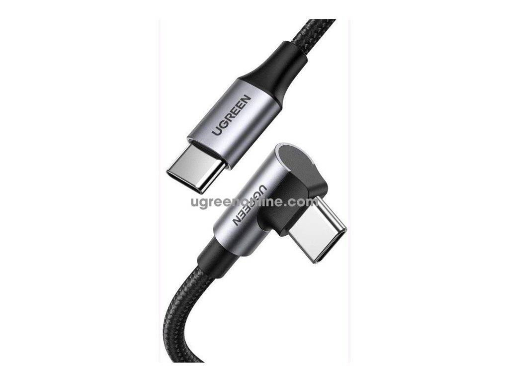 Zwei UGREEN USB-C-Ladekabelenden in verschiedenen Winkeln gezeigt, ein gerades und ein rechtwinkliger Stecker auf geflochtenen schwarzen Kabeln.