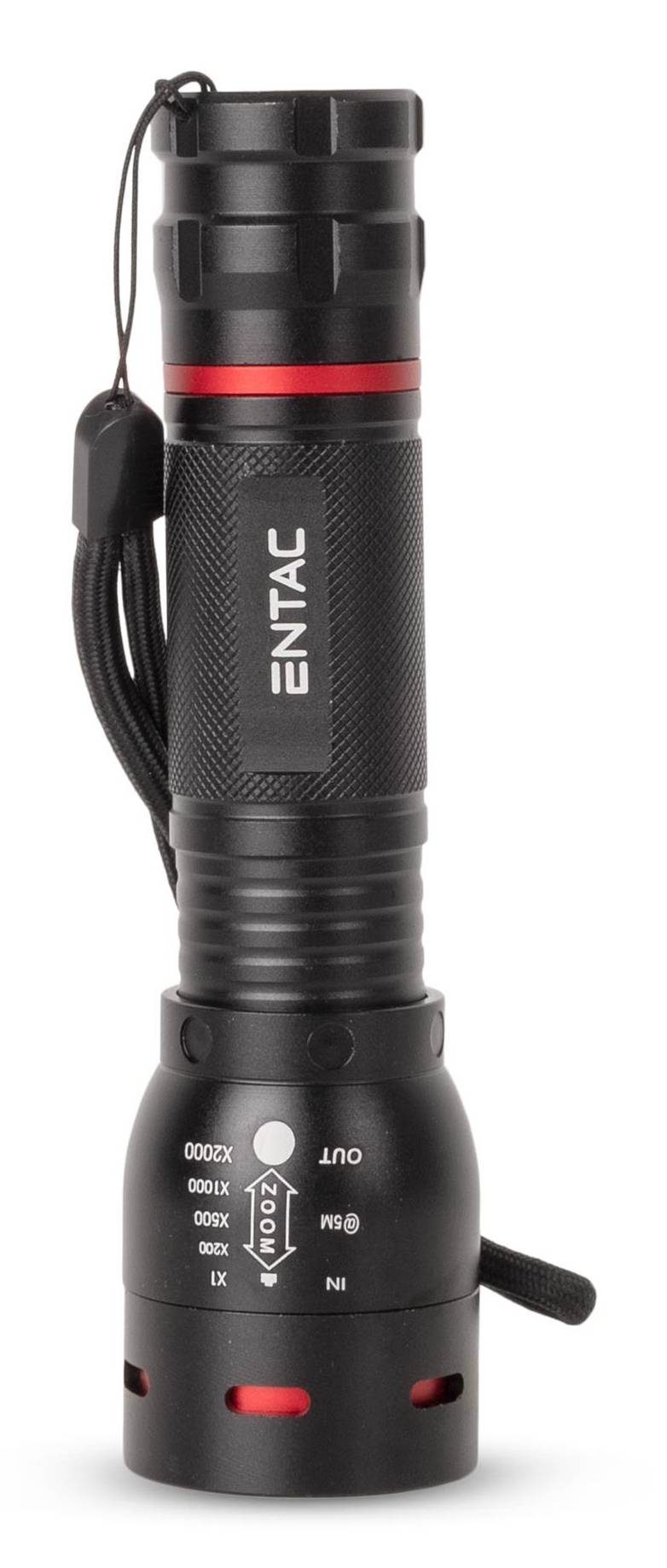 Schwarze ENTAC-Taschenlampe mit Handschlaufe und verstellbarem Zoom-/Fokussierring, gezeigt vor weißem Hintergrund.