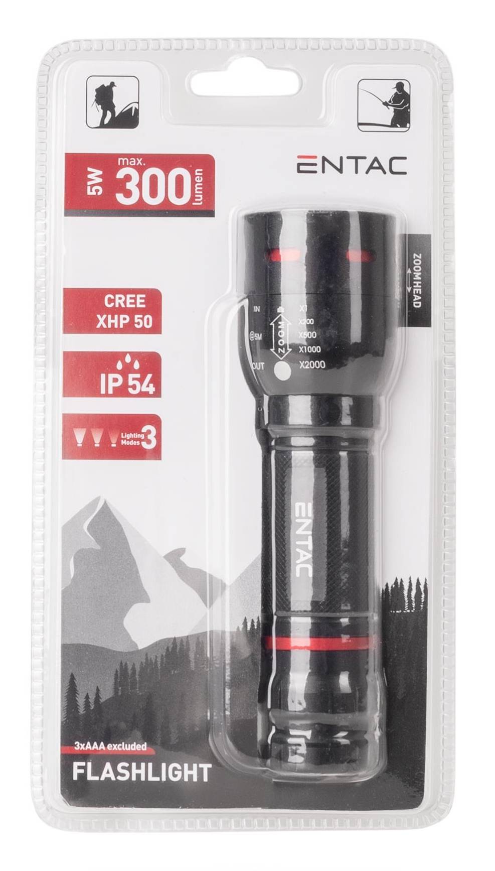 Verpackte ENTAC-Taschenlampe in durchsichtiger Blisterverpackung, gekennzeichnet mit 300 Lumen, 5W, CREE XHP 50, IP54 und Taschenlampe.