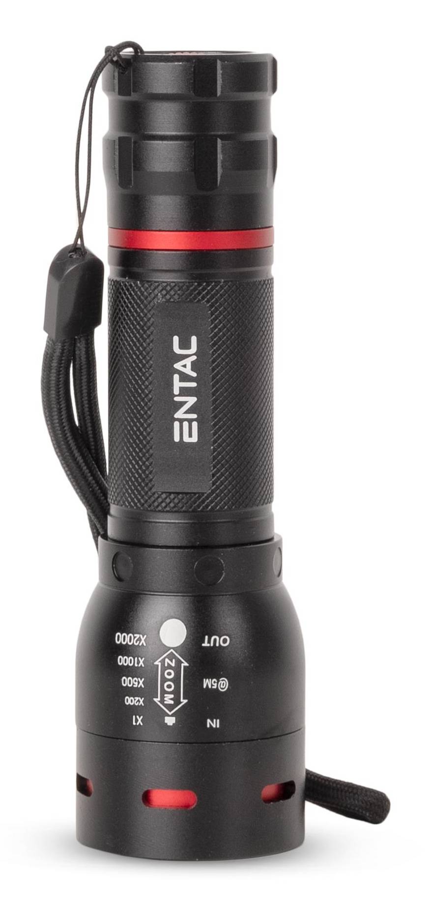 Schwarze tragbare Taschenlampe mit Handgelenkschlaufe, rotem Akzentring und "PENTAC""-Branding auf dem Griff.