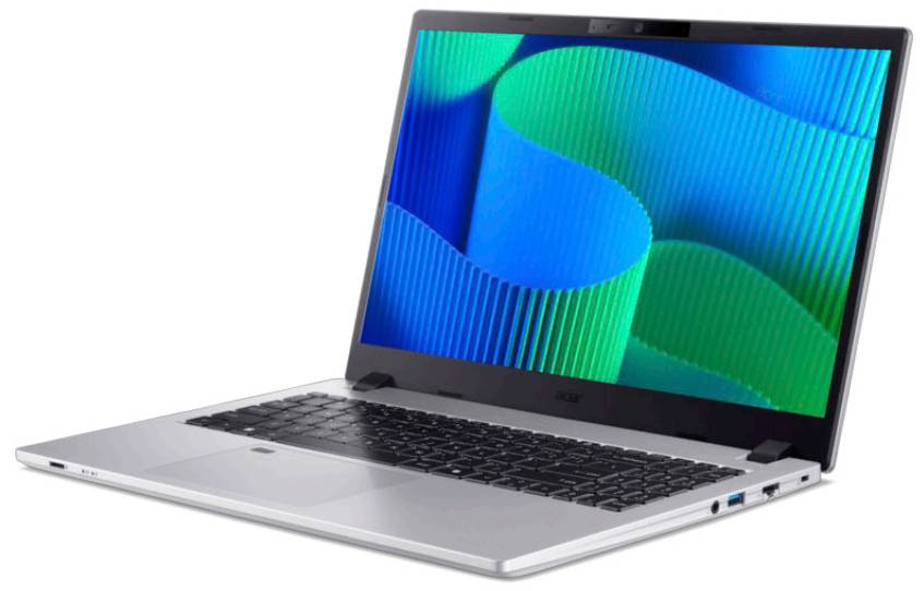 Silberner Laptop mit geöffnetem Bildschirm, auf dem ein blaues und grünes abstraktes Wellenmuster angezeigt wird.