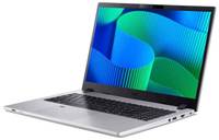 Silberner Laptop-Computer mit geöffnetem Bildschirm, der eine blau-grüne abstrakte Tapete anzeigt, auf weißem Hintergrund dargestellt.