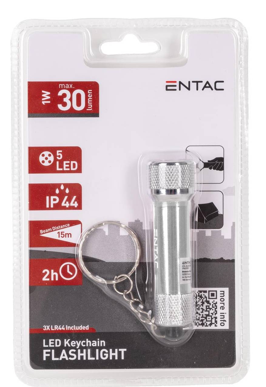 Verpackung für eine ENTAC LED-Schlüsselbund-Taschenlampe mit den Angaben „30 Lumen", „5 LED"", „IP44"", „15m"" Strahlreichweite, „2h"" Laufzeit und einer im Lieferumfang enthaltenen Schlüsselbund-Taschenlampe.