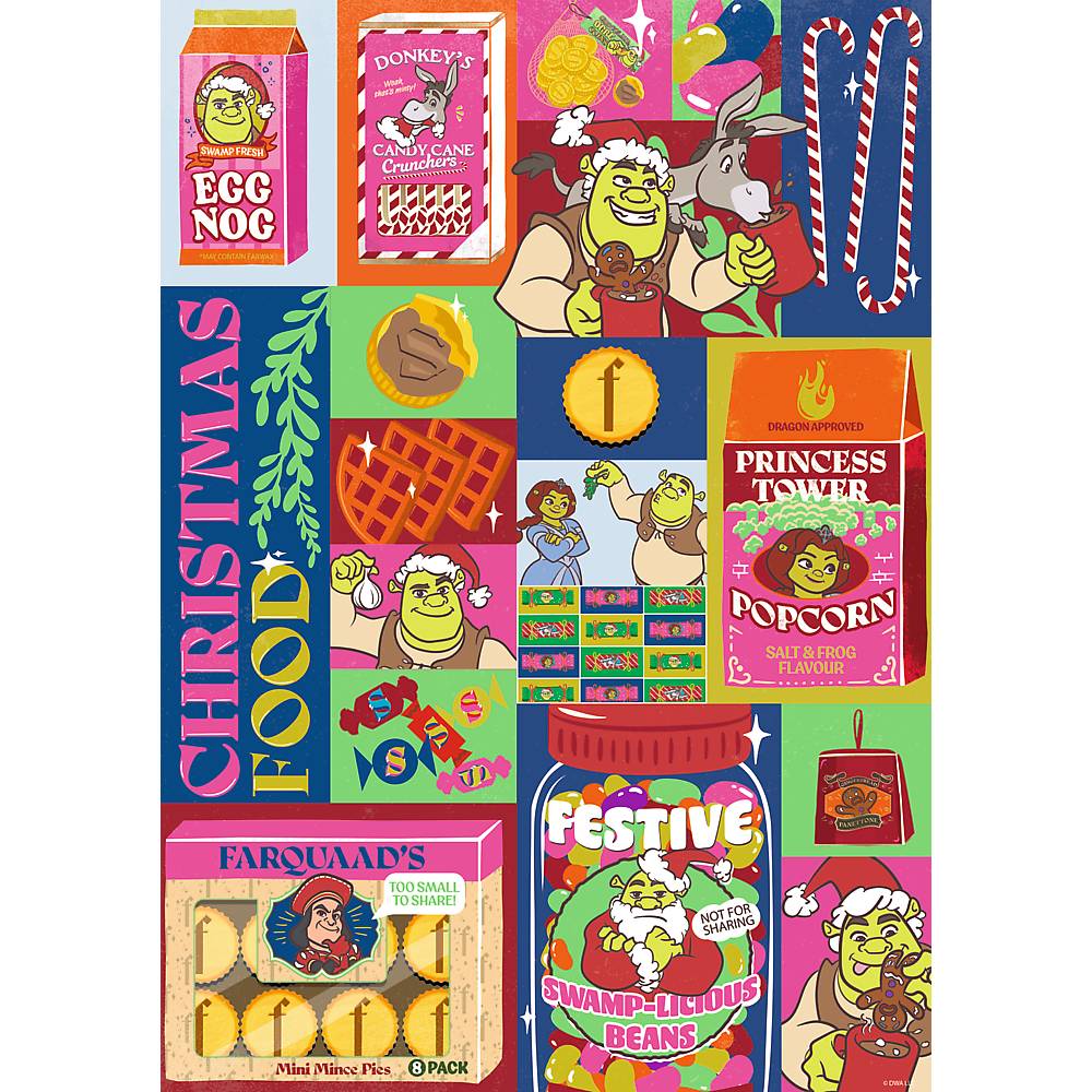 Bunte Weihnachts-Shrek-Collage mit Feiertagsleckereien und Snacks mit den Beschriftungen Eierlikör, Zuckerstangen-Knusper, Prinzessinnen-Turm-Popcorn, Festliche Sumpf-Köstliche Bohnen und Farquaads Mini-Hackfleischpasteten.